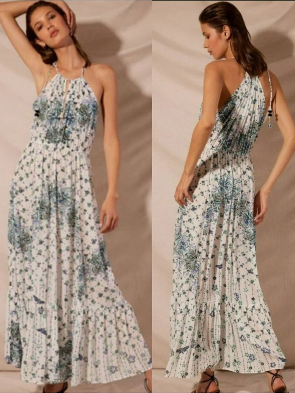 Poupette St Barth Rachel Printed Maxi Dress White Aqua Tassel Beach Cover Up